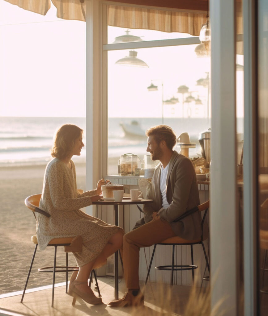 young couple watching sunset beach