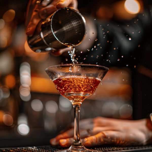 hands straining cocktail into glass